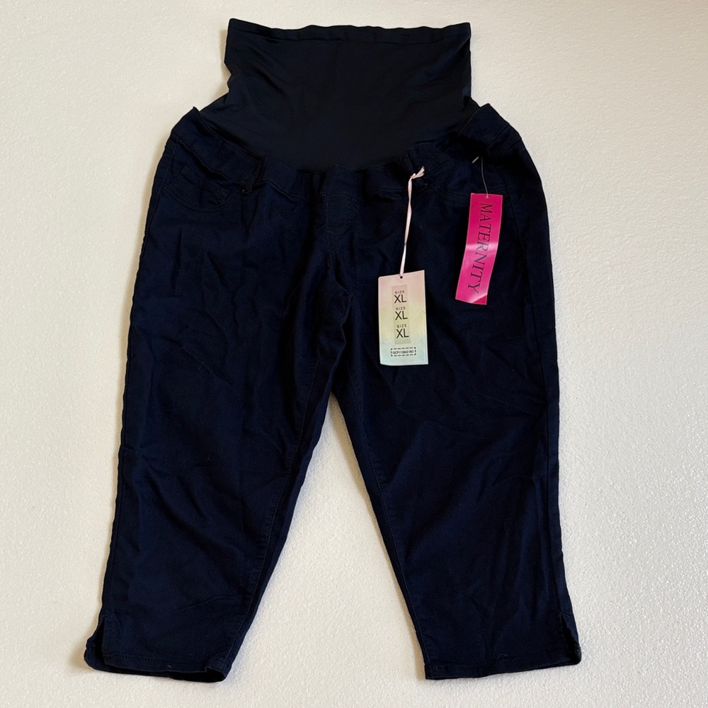 NWT First Kick Maternity Navy Stretch Crop Pants W/Full Panel & Pockets Size XL